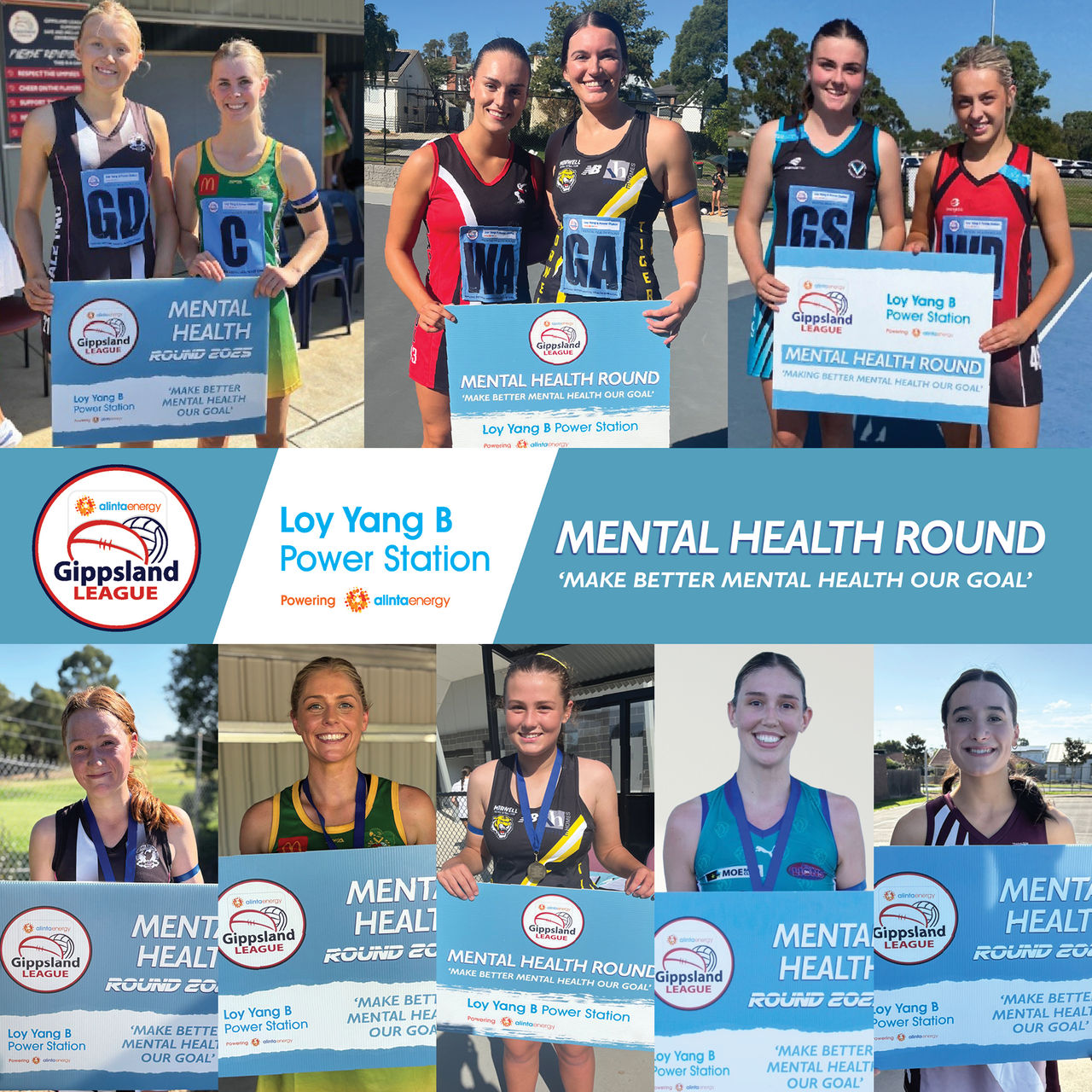 Gippsland League netballers from different clubs smiling and holding Loy Yang B mental health signs