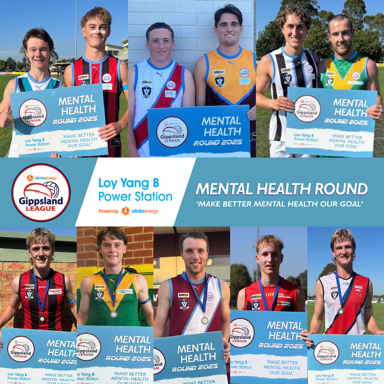 Gippsland League footballers from different clubs smiling and holding Loy Yang B mental health signs